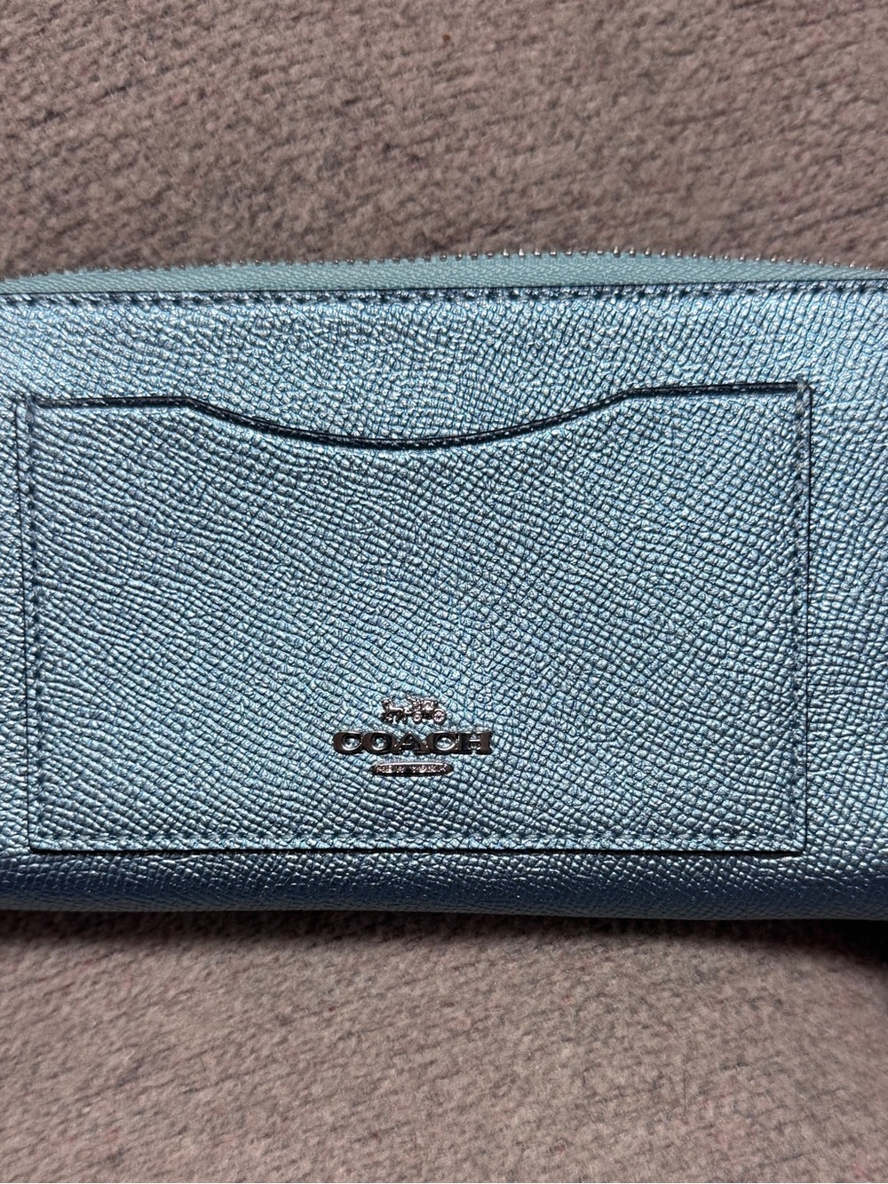 Coach Metallic Light Blue Card Holder Zip Wallet